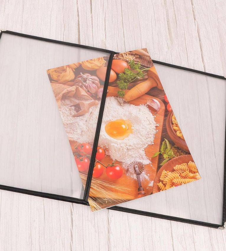 Menu de restaurant en plastique transparent avec bord en cuir , 6 pages, 12 vues, format A4 8,5 x 11 pouces